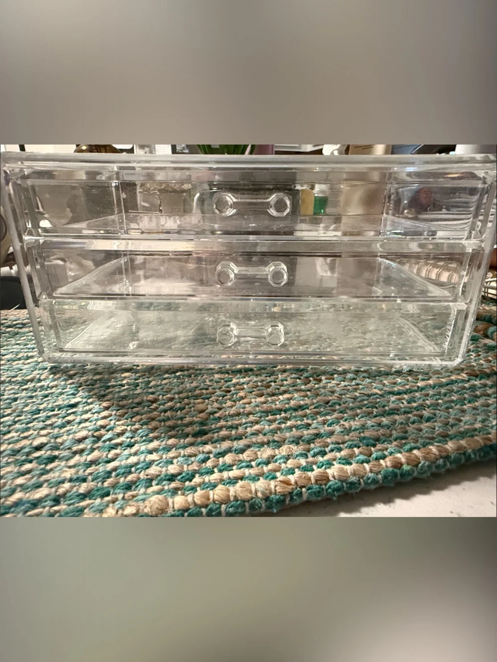 Clear Plastic 3-Drawer Makeup & Jewelry Organizer dorm desk.  Organizing.